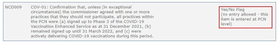 Screenshot from CQRS National showing tick box indicator: Yes / No (no entry allowed, this item is entered at PCN level)