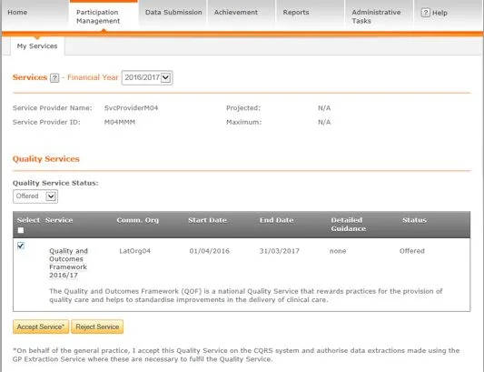 Screenshot from CQRS National showing service detail with checkbox and accept or reject service button