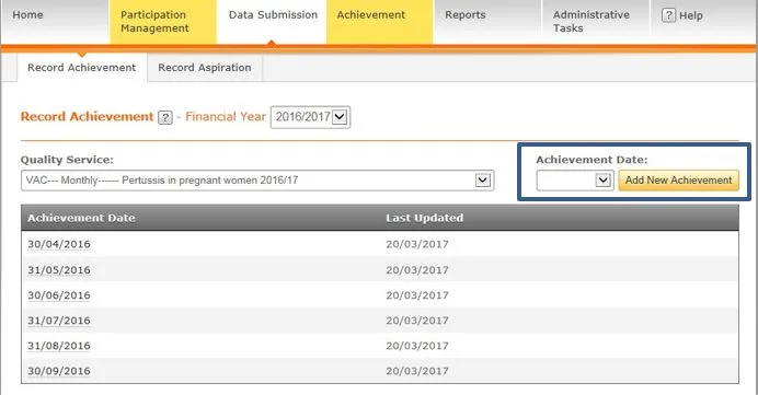 Screenshot from CQRS National showing achievement date drop down