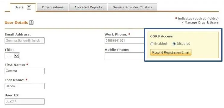 Screenshot from CQRS National showing CQRS Access buttons