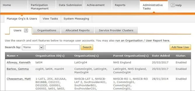Screenshot from CQRS National showing administrative tasks tab