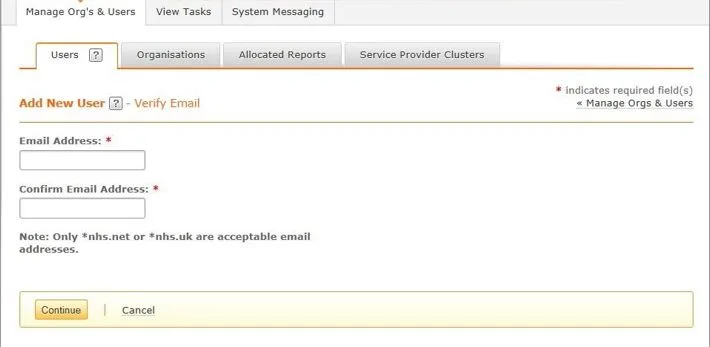 Screenshot from CQRS National showing Manage Organisations and Users tab and Users sub tab
