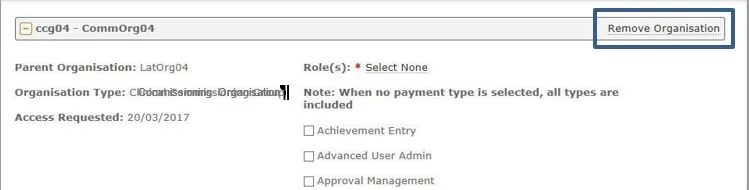 Screenshot from CQRS National showing Remove Organisation link
