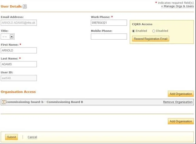 Screenshot from CQRS National showing User Details screen