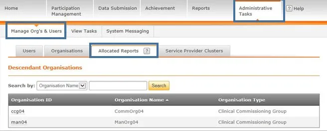 Screenshot from CQRS National showing Admin Tasks menu, Manage Orgs & Users tab and Allocated Reports sub tab
