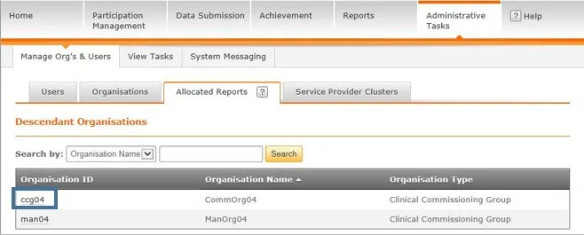 Screenshot from CQRS National showing Allocated Reports tab and Org ID link