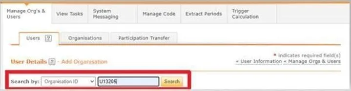 Screenshot from CQRS National showing Manage Orgs and Users tab and search user details