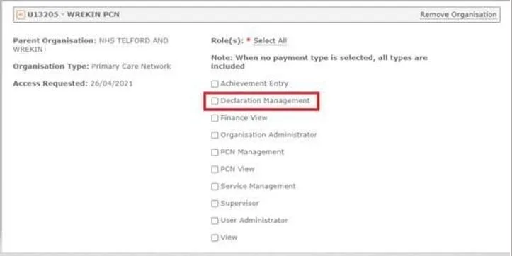 Screenshot from CQRS National showing Wrekin PCN example declaration management tick box