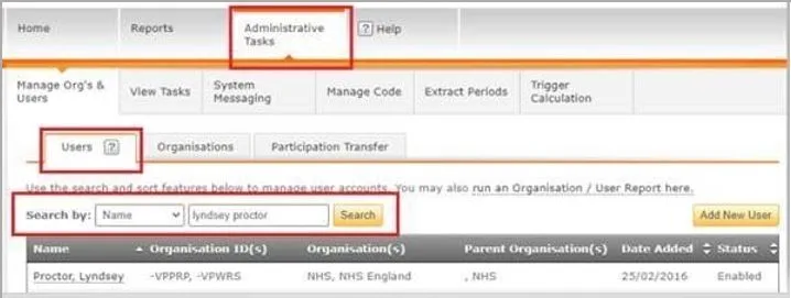 Screenshot from CQRS National showing Admin Task tab, Users sub tab and searching for user