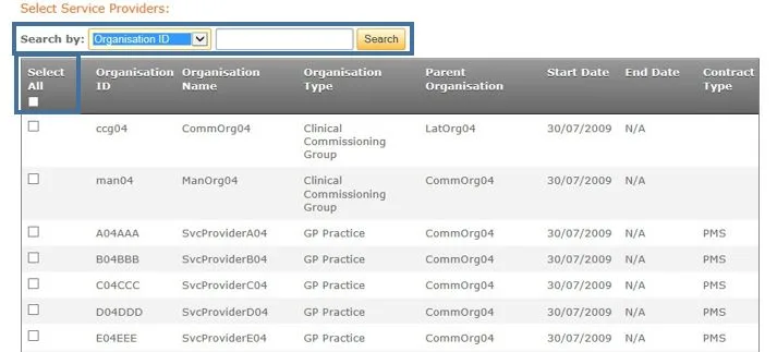 Screenshot from CQRS National showing select service providers list