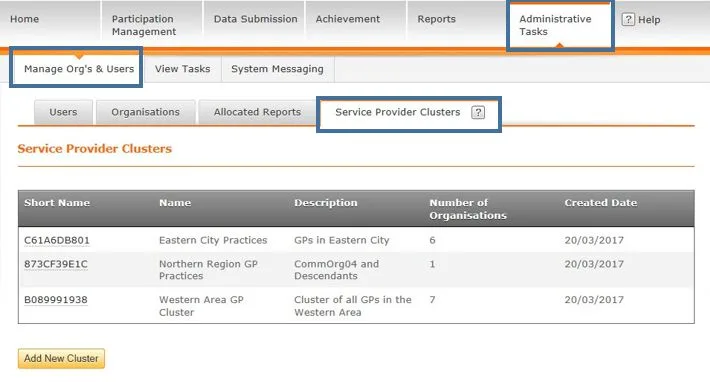 Screenshot from CQRS National showing Administrative Tasks menu, Manage Orgs & Users sub tab and Service Provider Clusters sub tab