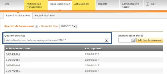Screenshot from CQRS National showing data submission tab with quality service drop down