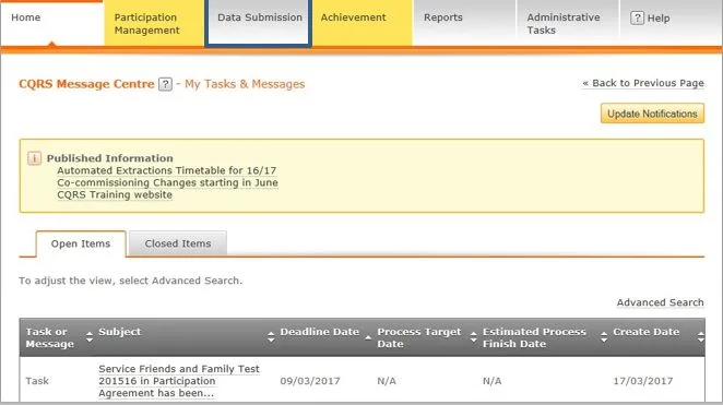 Screenshot from CQRS National showing Data Submission tab and list of Open items