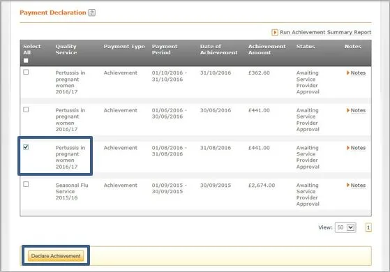 Screenshot from CQRS National showing Payment Declaration screen with checkbox and Declare Achievement button
