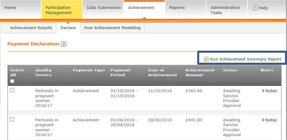 Screenshot from CQRS National showing Participation Management Payment Declaration screen with Run Achievement Summary Report link
