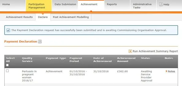 Screenshot from CQRS National showing payment declaration confirmation message