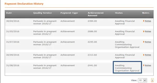 Screenshot from CQRS National showing Payment Declaration History and awaiting commissioning organisation approval status