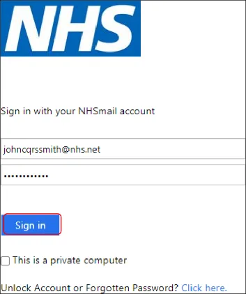NHS login screen with username and password values