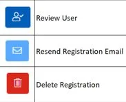 Screenshot from CQRS Local showing Review User, Resend Registration Email and Delete Registration buttons
