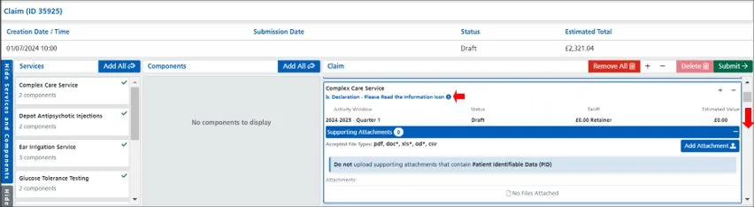 Screenshot from CQRS Local showing multi service claim submission example page 2