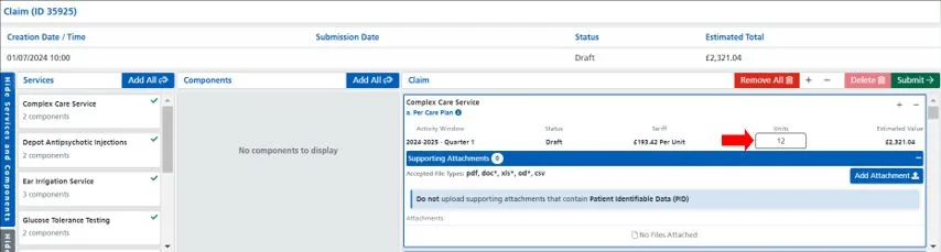 Screenshot from CQRS Local showing Multi Service Claim submission example