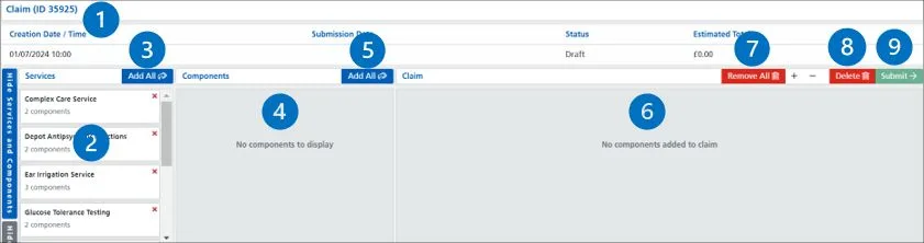 Screenshot from CQRS Local showing Claims page with blue dots numbered 1 to 9 and explanation underneath image