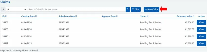 Screenshot from CQRS Local showing New Claim button