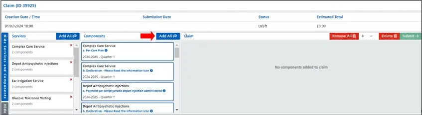 Screenshot from CQRS Local showing add all button on services list pane