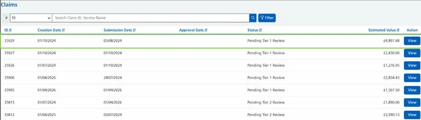 Screenshot from CQRS Local showing claim submitted and claim ID