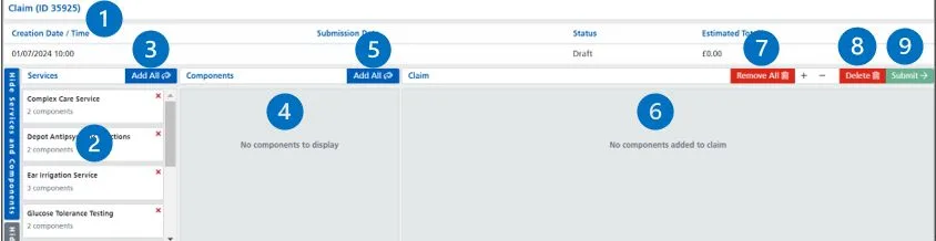 Screenshot from CQRS Local showing claims page with blue numbered dots explaining elements of the page