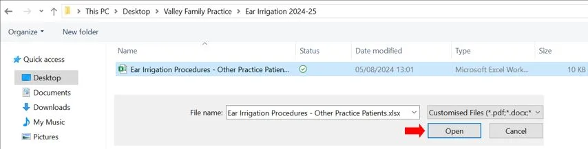 Screenshot from CQRS Local showing open file button for file upload