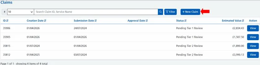 Screenshot from CQRS Local showing Claims page new claim button