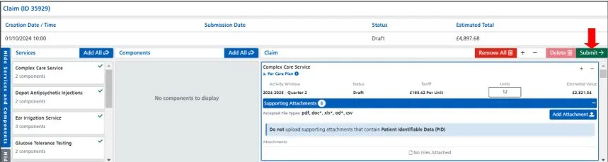 Screenshot from CQRS Local showing claim pane with submit button