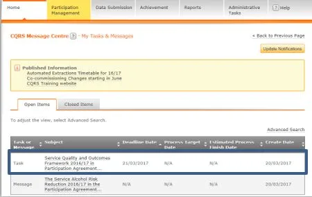 Screenshot from CQRS National showing offered quality service as a new task in message centre