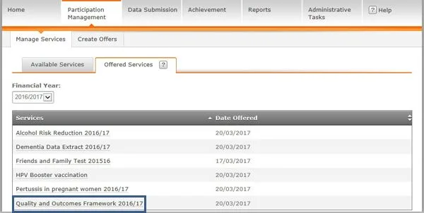 Screenshot from CQRS National showing Offered Services tab and QOF service highlighted