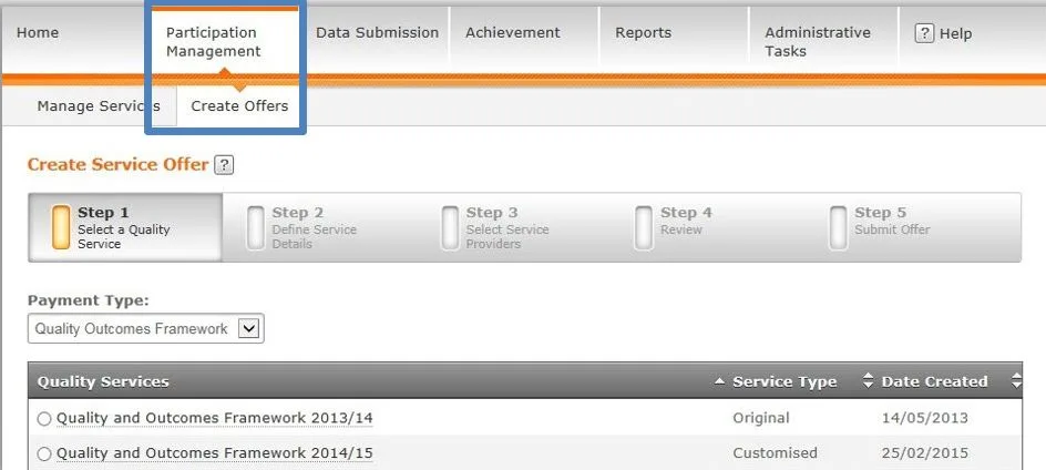 Screenshot from CQRS National showing Participation Management menu and Creative Offers tab