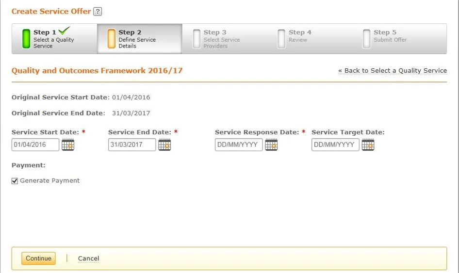 Screenshot from CQRS National showing Step 2 define service details  with editable dates for service start date and end date, service response date and end date