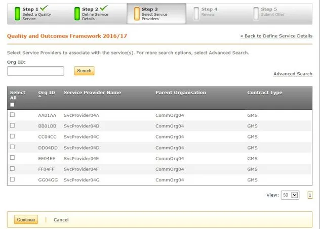 Screenshot from CQRS National showing list of service providers
