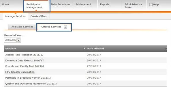 Screenshot from CQRS National showing Participation Management tab and Offered Services sub tab