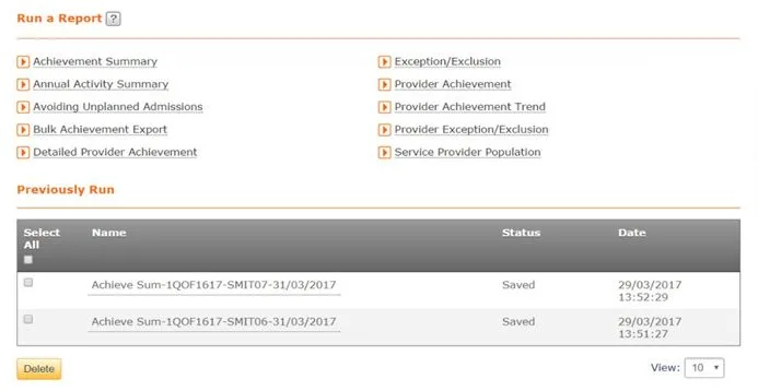 Screenshot from CQRS National showing Predefined Reports Run a Report screen