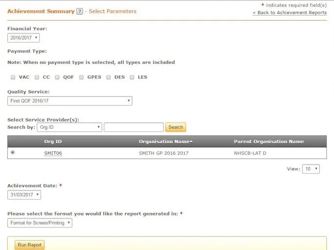 Screenshot from CQRS National showing search parameters screen