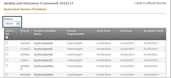 Screenshot from CQRS National showing QOF Status dropdown box