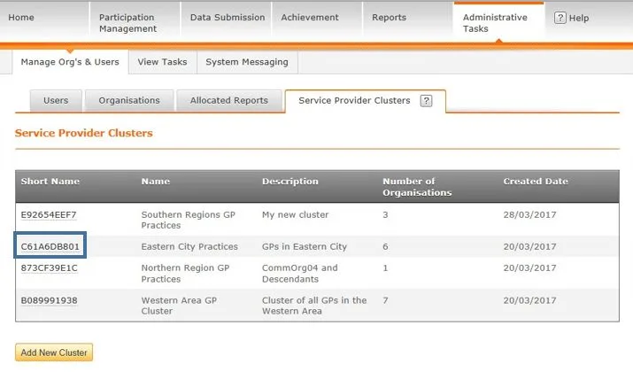 Screenshot from CQRS National showing Service Provider Clusters sub tab with Short Name field highlighted