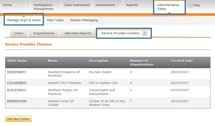 Screenshot from CQRS National showing Administrative tasks tab and manage organisation and users sub tab with Service Provider Clusters highlighted