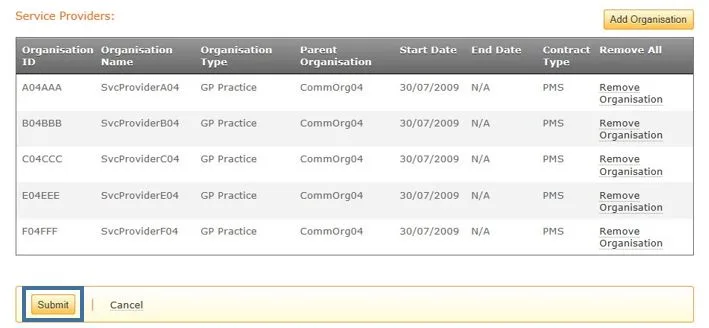 Screenshot from CQRS National showing Service Providers list for removal and submit button to make changes