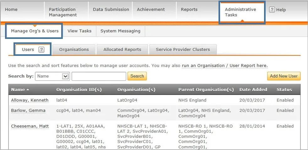 Screenshot from CQRS National showing Administrative Tasks menu item, Manage Org's & Users Tab and Users sub tab
