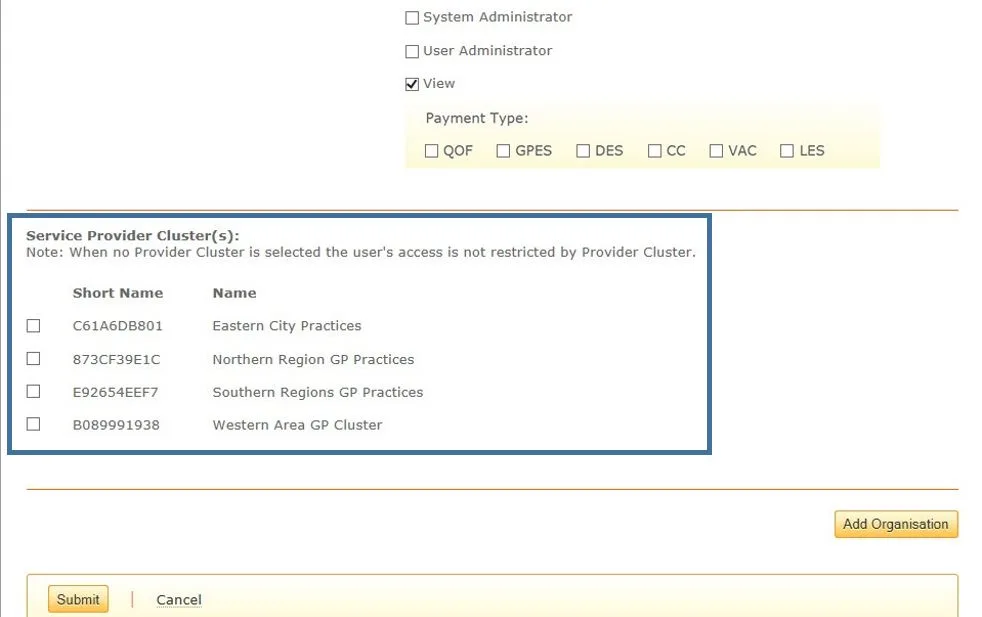 Screenshot from CQRS National showing Service Provider Clusters