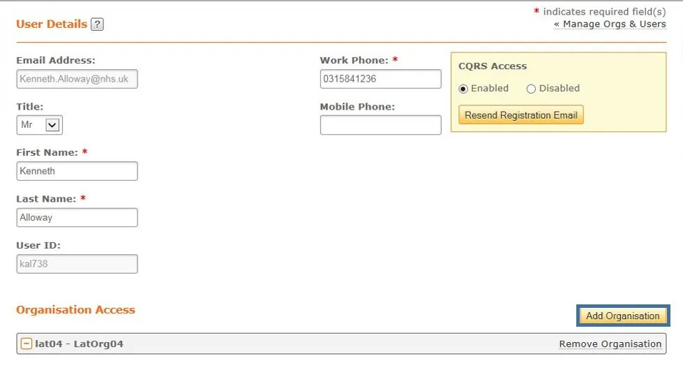Screenshot from CQRS National showing user details screen
