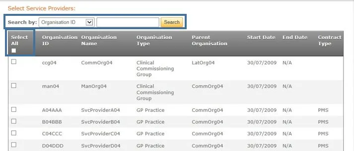 Screenshot from CQRS National showing search by and select all boxes on select service providers screen