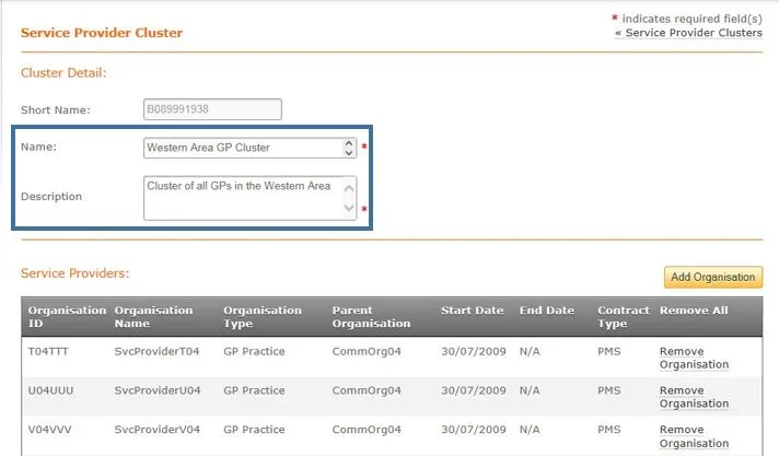 Screenshot from CQRS National showing screen where you can edit name and description of a service provider cluster